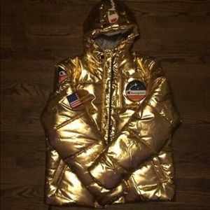 champion red puffer jacket metallic